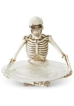 K&K Interiors 10-Inch Resin Sitting Skeleton Holding Glass Plate Decoration