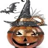 K&K Interiors 13-Inch Metal Jack O Lantern With Witch Hat And Bat Decoration 2 K&K Interiors 13-Inch Metal Jack O Lantern With Witch Hat And Bat Decoration -Skeletons And Skulls Sales Shop 13 metal jack o lantern w witch hat and bat