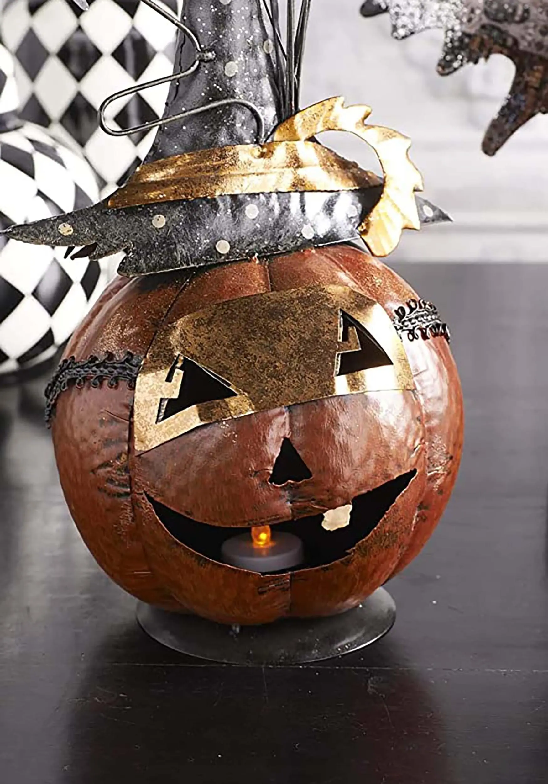 K&K Interiors 13-Inch Metal Jack O Lantern With Witch Hat And Bat Decoration 4 K&K Interiors 13-Inch Metal Jack O Lantern With Witch Hat And Bat Decoration - Image 2