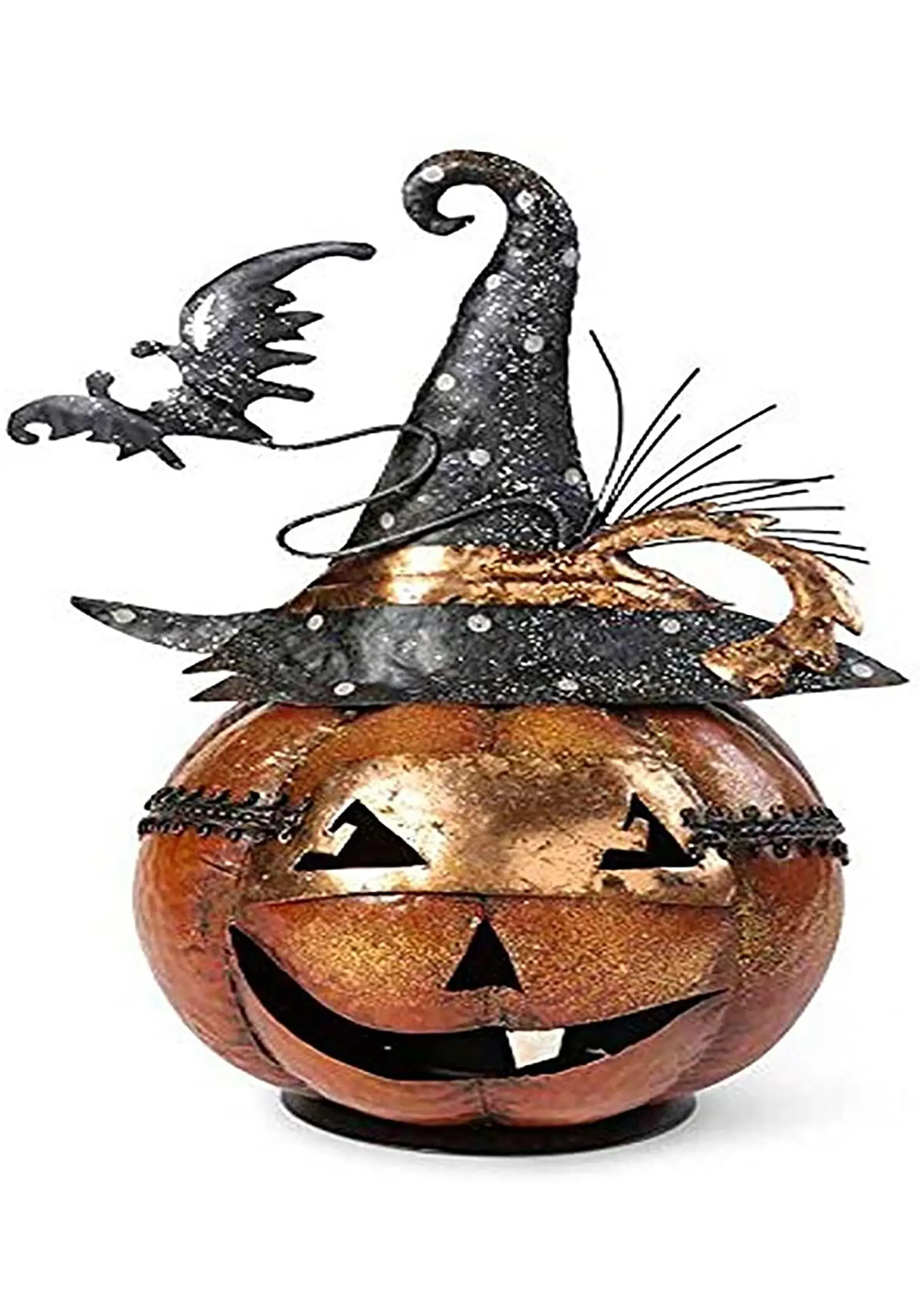 K&K Interiors 13-Inch Metal Jack O Lantern With Witch Hat And Bat Decoration 3 K&K Interiors 13-Inch Metal Jack O Lantern With Witch Hat And Bat Decoration