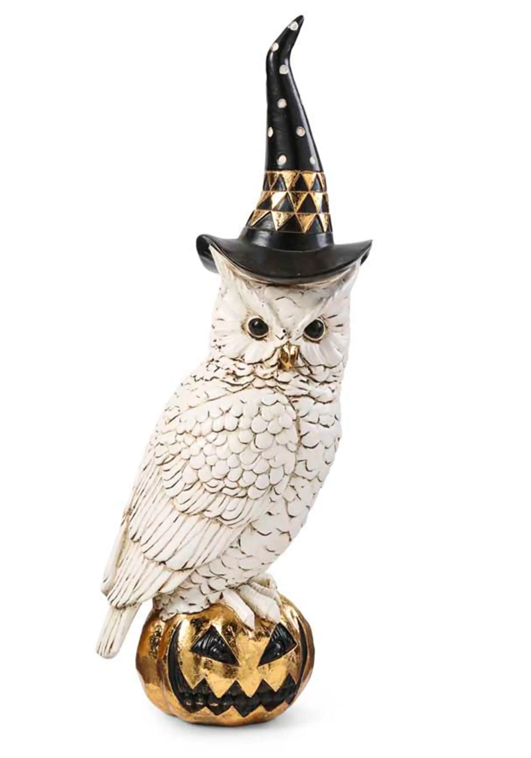 K&K Interiors 14" White & Gold Owl With Witch Hat On Gold Jack-O-Lantern 3 K&K Interiors 14" White & Gold Owl With Witch Hat On Gold Jack-O-Lantern