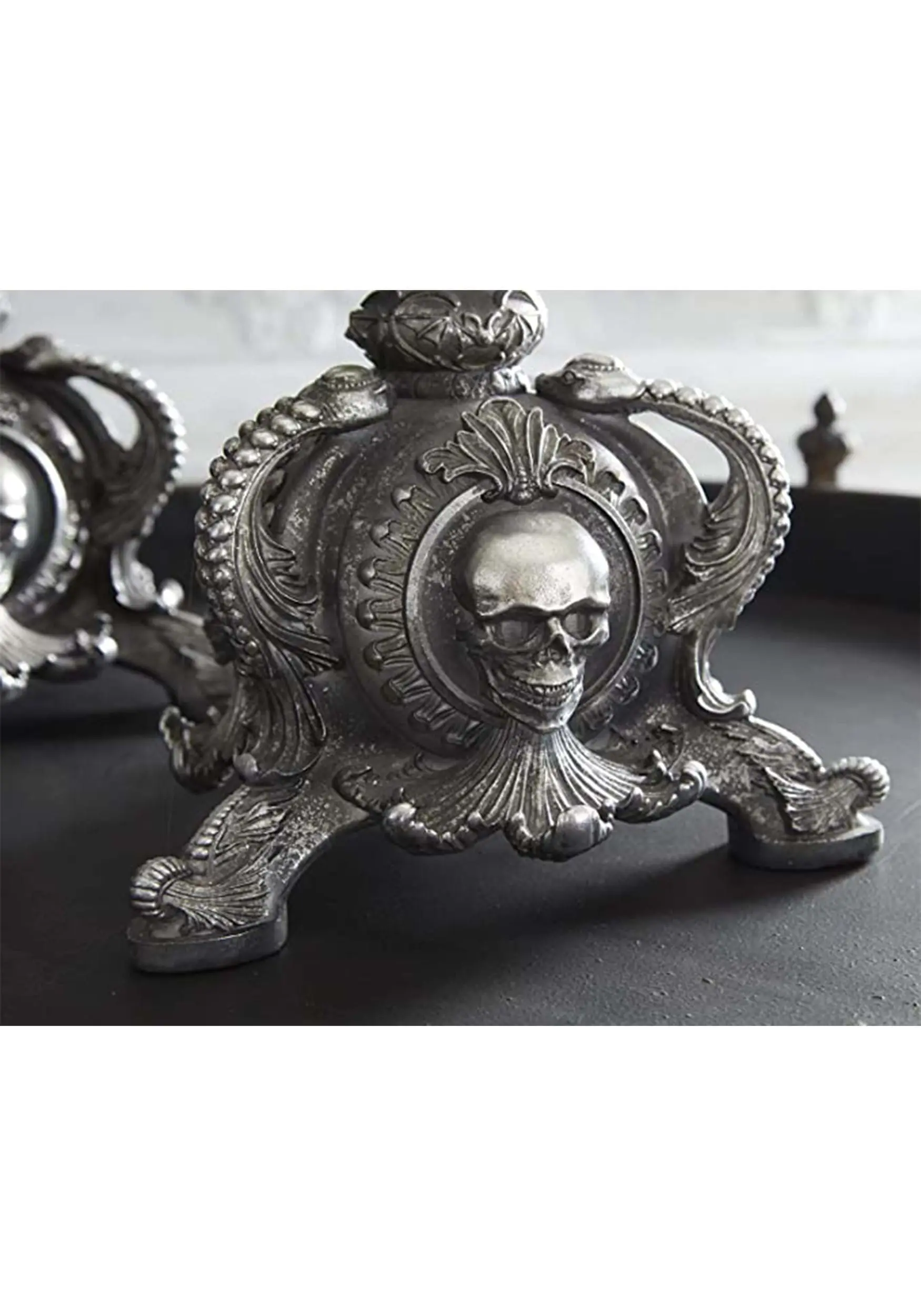 K&K Interiors 20.5 Inch Silver Resin Skull & Bat Candle Holder 4 K&K Interiors 20.5 Inch Silver Resin Skull & Bat Candle Holder - Image 2