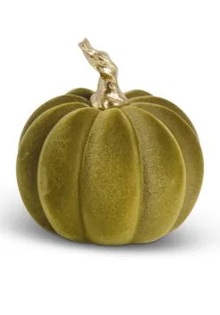 K&K Interiors 3.5" Green Velvet Pumpkin W/Twisted Gold Stem