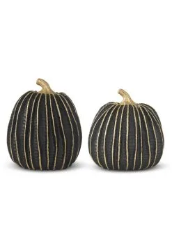 K&K Interiors Set Of 2 Black And Gold Striped 6" Pumpkin Decoration