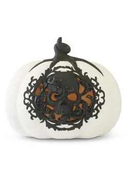 K&K Interiors 7.75" White & Black LED Pumpkin With Filigree And Skull Decoration