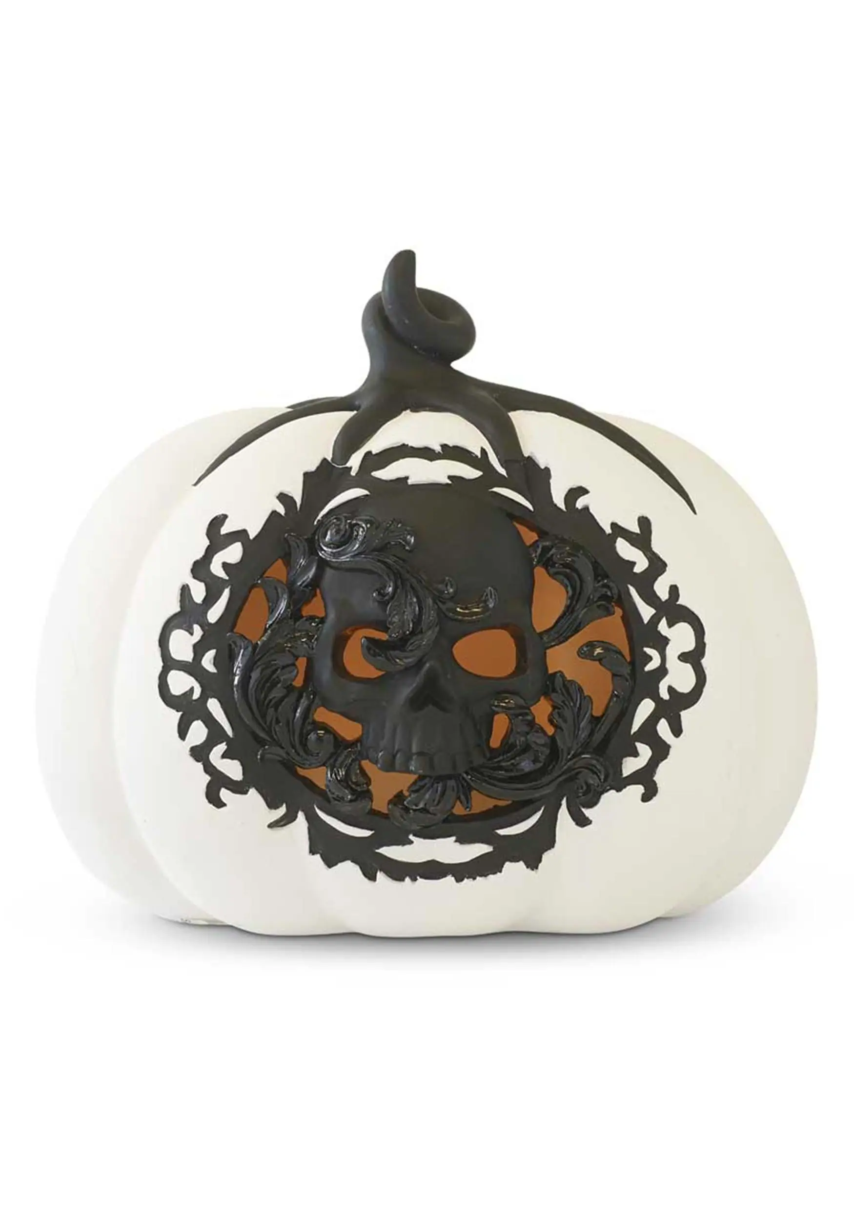 K&K Interiors 7.75" White & Black LED Pumpkin With Filigree And Skull Decoration 3 K&K Interiors 7.75" White & Black LED Pumpkin With Filigree And Skull Decoration