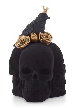 K&K Interiors Eight Inch Trio Of Black Velvet Skulls With Gold Roses
