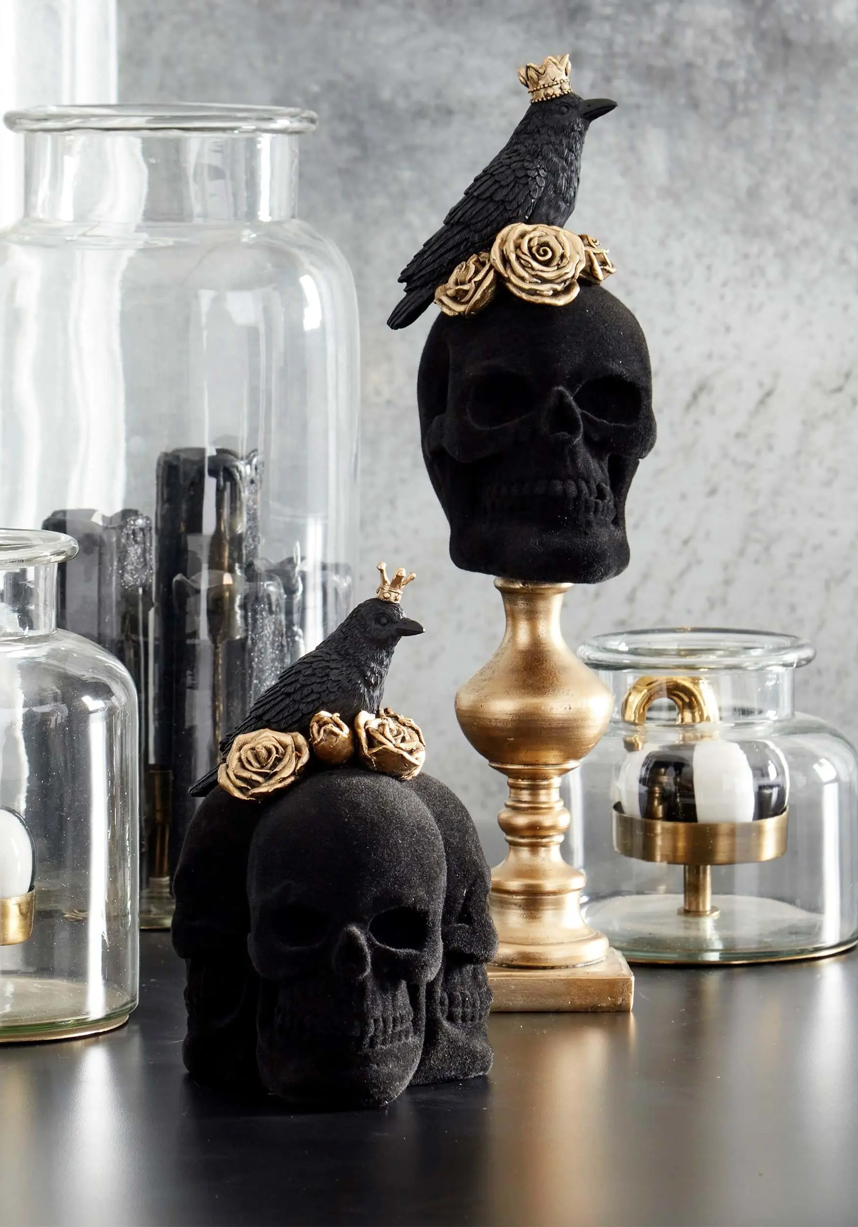 K&K Interiors Eight Inch Trio Of Black Velvet Skulls With Gold Roses 4 K&K Interiors Eight Inch Trio Of Black Velvet Skulls With Gold Roses - Image 2