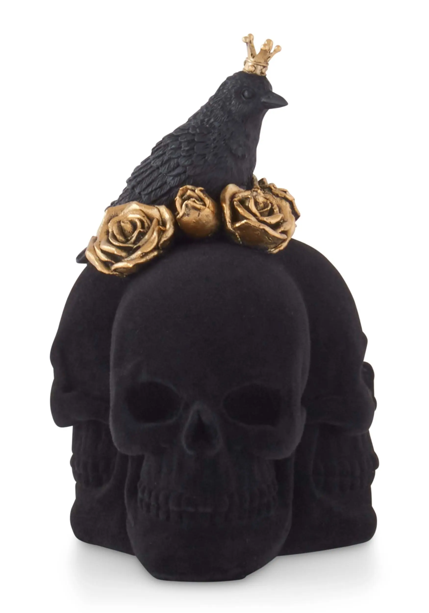 K&K Interiors Eight Inch Trio Of Black Velvet Skulls With Gold Roses 3 K&K Interiors Eight Inch Trio Of Black Velvet Skulls With Gold Roses