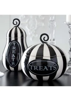 K&K Interiors Nine Inch Black And White Striped Pumpkin Treats Container 5 K&K Interiors Nine Inch Black And White Striped Pumpkin Treats Container -Skeletons And Skulls Sales Shop 9 black and white striped pumpkin treats containe alt 1