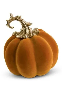 K&K Interiors 9.5 Inch Gold Filigree Stem Orange Velvet Pumpkin Decoration
