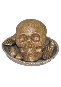 Funny Fashions Light Up Gold Glitter Skull And Bones On A Plate Decoration