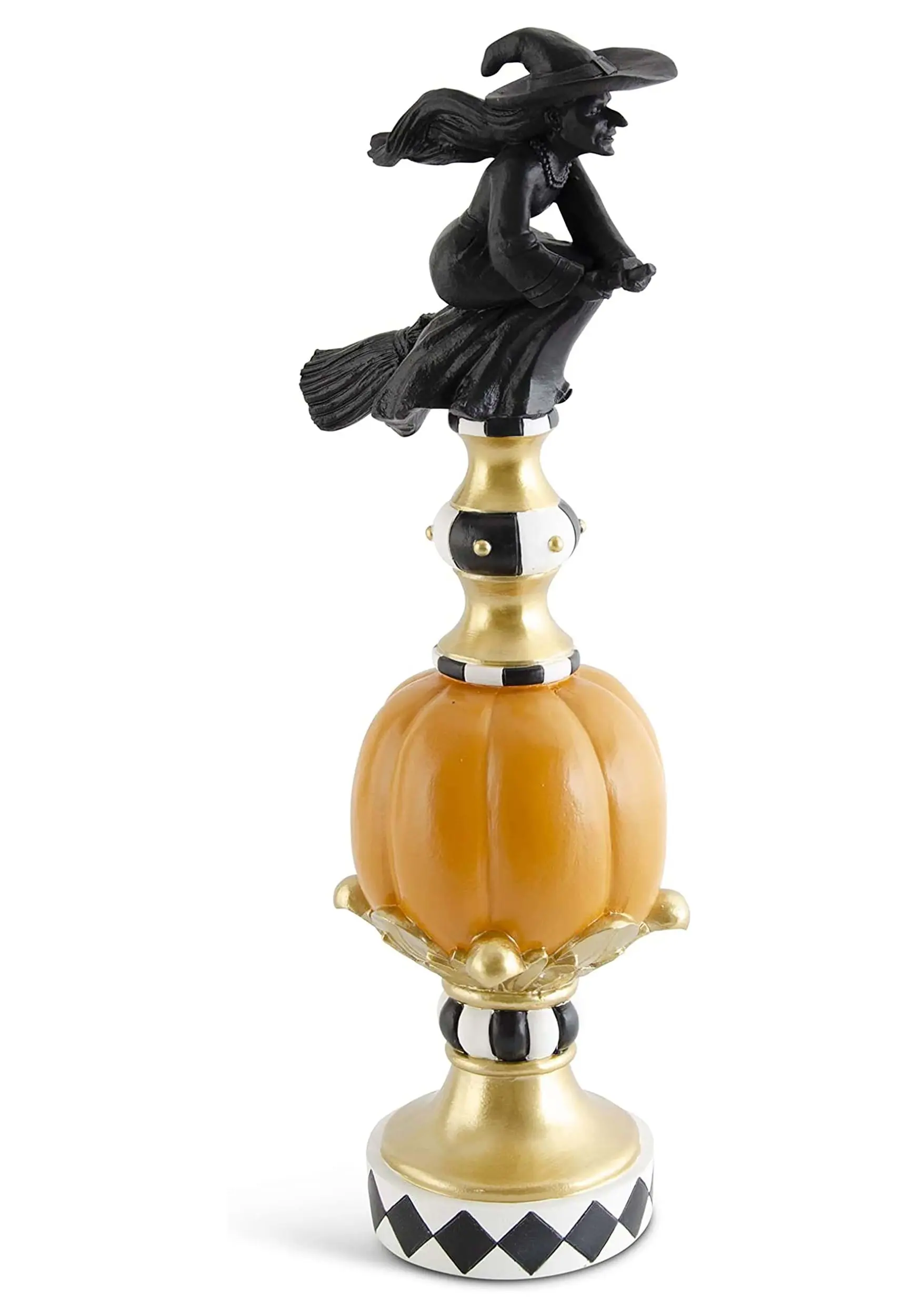 K&K Interiors 17-Inch Resin Black White Orange And Gold Finial With Flying Witch Decoration 3 K&K Interiors 17-Inch Resin Black White Orange And Gold Finial With Flying Witch Decoration
