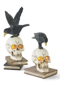 K&K Interiors Set Of 2 Resin LED Skull On Books With Crow Halloween Figurines Decoration
