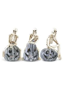K&K Interiors Set Of Three Resin Skeletons Sitting On LED Jack 'O Lanterns Decoration