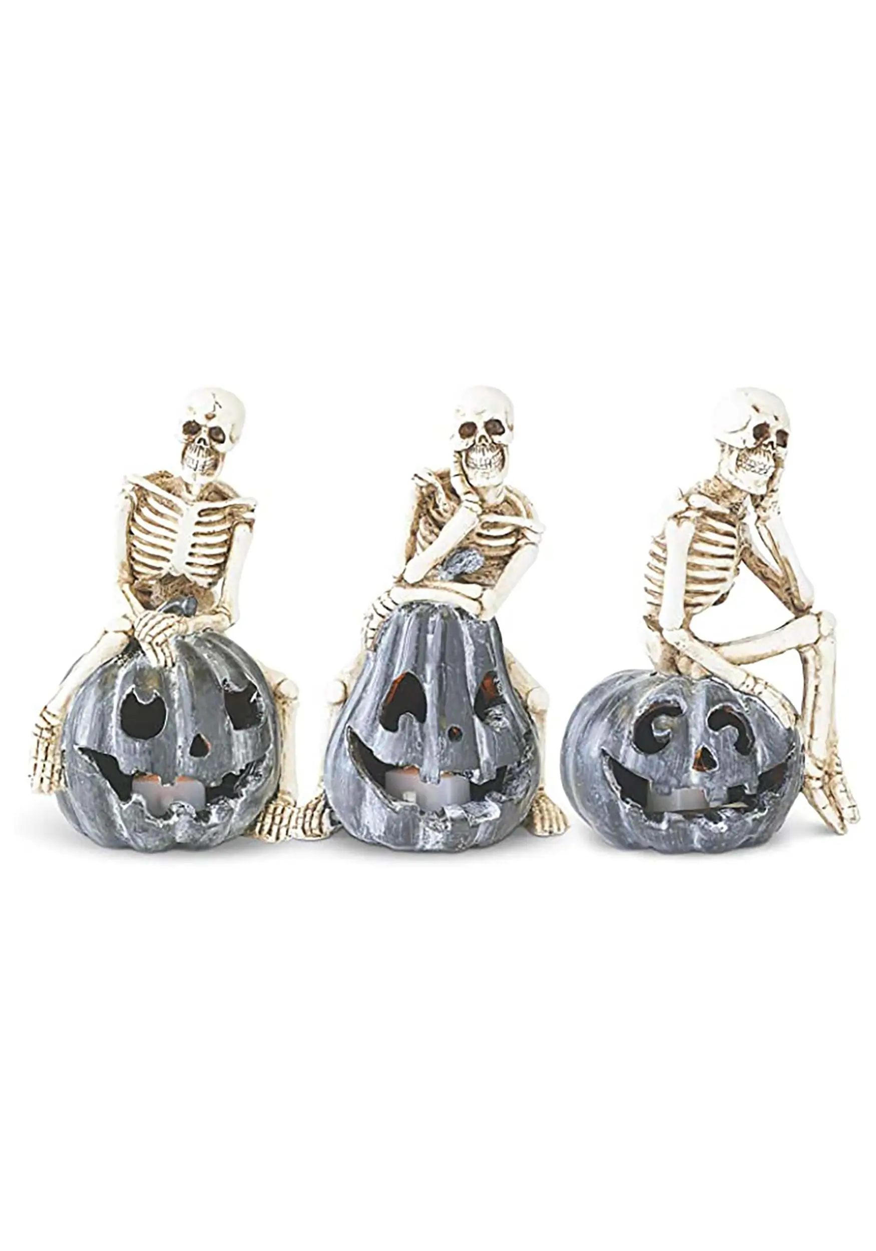 K&K Interiors Set Of Three Resin Skeletons Sitting On LED Jack 'O Lanterns Decoration 3 K&K Interiors Set Of Three Resin Skeletons Sitting On LED Jack 'O Lanterns Decoration