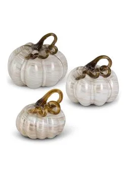 K&K Interiors Set Of 3 White & Gold Glass Pumpkins