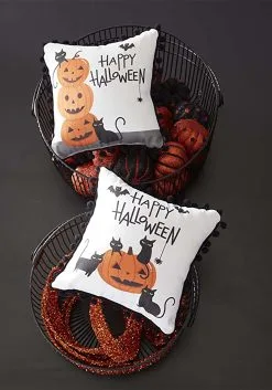 K&K Interiors Set Of 2 White Happy Halloween 9" Decorative Pillows With Black Pom Poms -Skeletons And Skulls Sales Shop two white happy halloween pillows with black poms alt 1